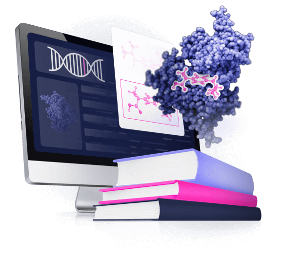DrugBank drug data on a monitor beside a protein structure, chemical structures and a stack of textbooks
