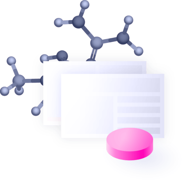 Illustration of molecular structures, data documents and a pill